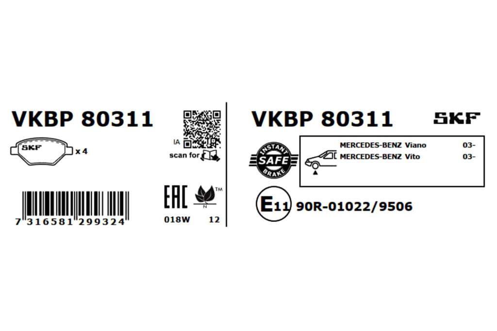 Jogo de 4 pastilhas de travão SKF ref. VKBP 80311